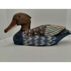 Hand Painted Wooden Duck With Glass Eye Blues Browns And Pinks Wood Duck