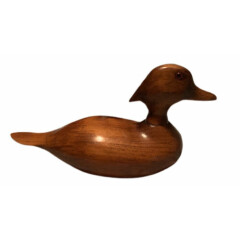 Artist Signed Solid Wood Duck Hand Carved Decoy Glass Eyes Mahogany Brown Bird
