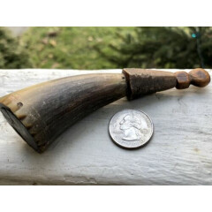 Colonial Powder Horn Miniature Carved With Scrimshaw Type Decoration Carved Plug